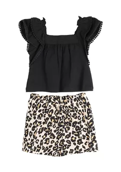 Girls 7-16 Short Sleeve Top with Leopard Printed Shorts
