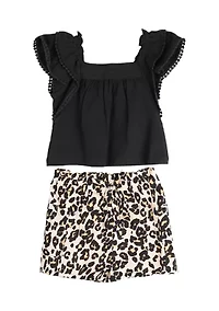 Girls 7-16 Short Sleeve Top with Leopard Printed Shorts
