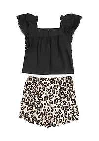 Girls 7-16 Short Sleeve Top with Leopard Printed Shorts