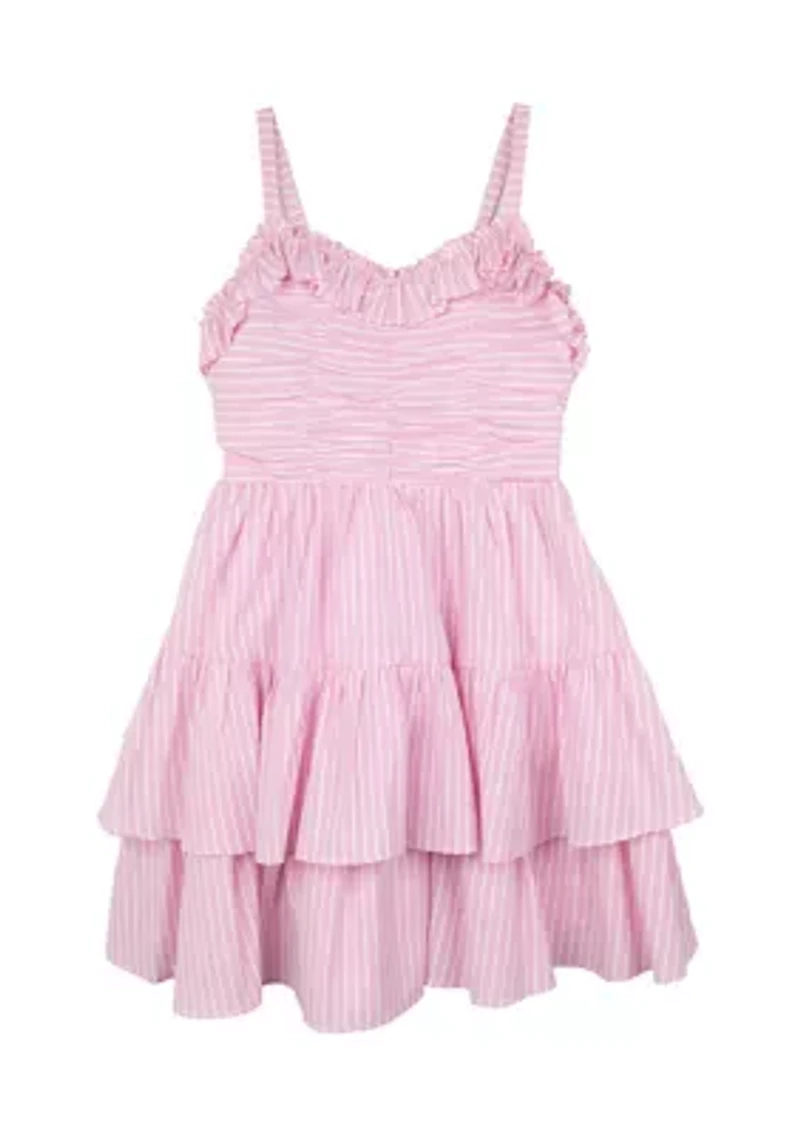 Girls 7-16 Stripe Ruched Ruffle Dress