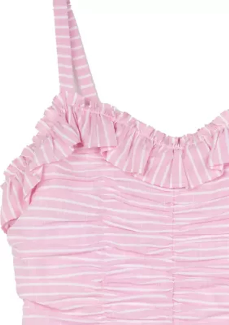 Girls 7-16 Stripe Ruched Ruffle Dress