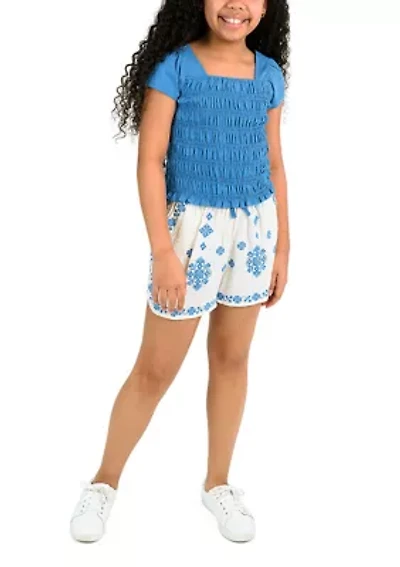 Girls 7-16 Smocked Top and Embroidered Gauze Shorts