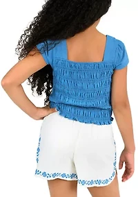 Girls 7-16 Smocked Top and Embroidered Gauze Shorts