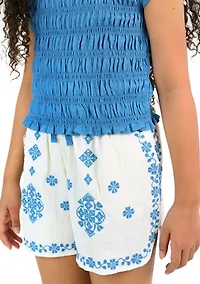Girls 7-16 Smocked Top and Embroidered Gauze Shorts
