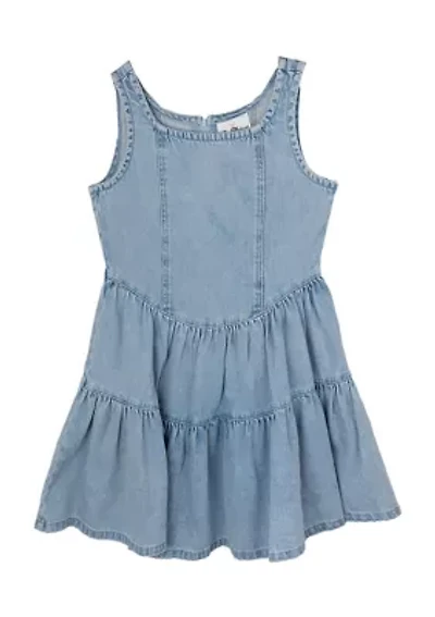Girls 7-16 Denim Dress with Tiered Skirt