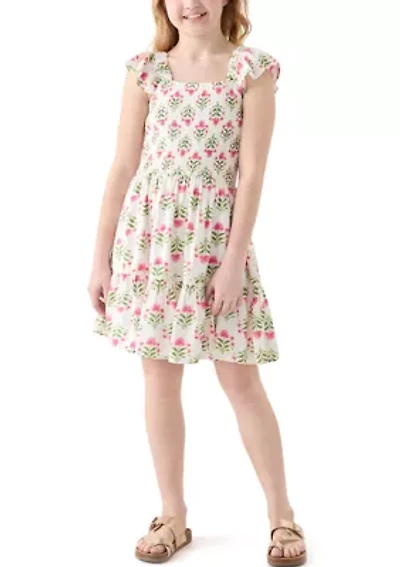 Girls 7-16 Smocked Floral Flutter Sleeve Dress