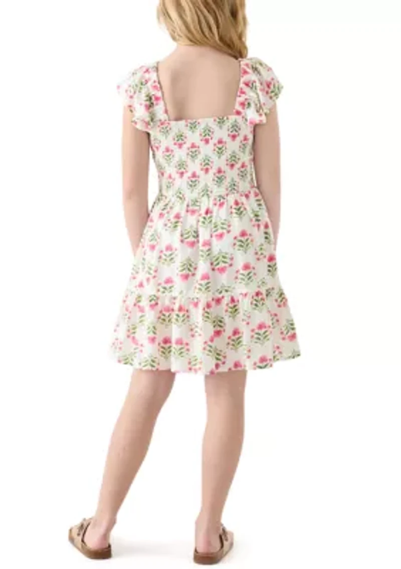 Girls 7-16 Smocked Floral Flutter Sleeve Dress