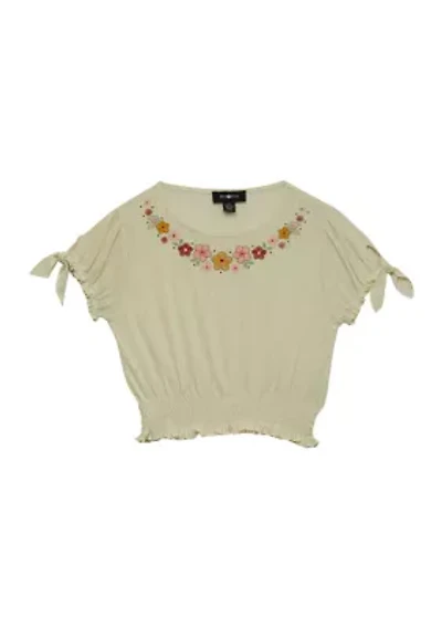 Girls 7-16 Dolman Tie Sleeve Flower Embellished Top