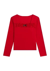 Girls 7-16 Printed Heart Pointelle Top