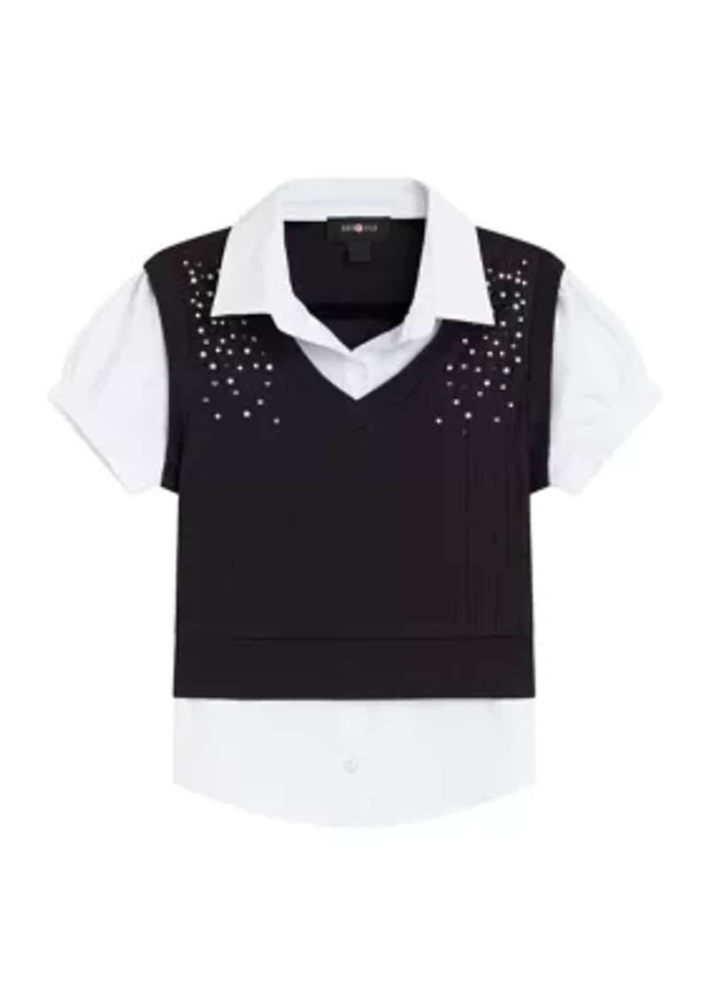 Girls 7-16 Pearl Trim 2Fer Vest