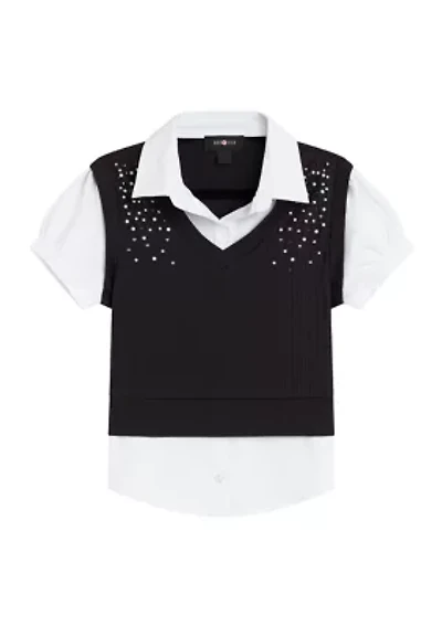 Girls 7-16 Pearl Trim 2Fer Vest