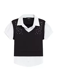 Girls 7-16 Pearl Trim 2Fer Vest