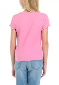 Girls 7-16 Short Sleeve Solid Rib Palms Sunscreen Graphic T-Shirt