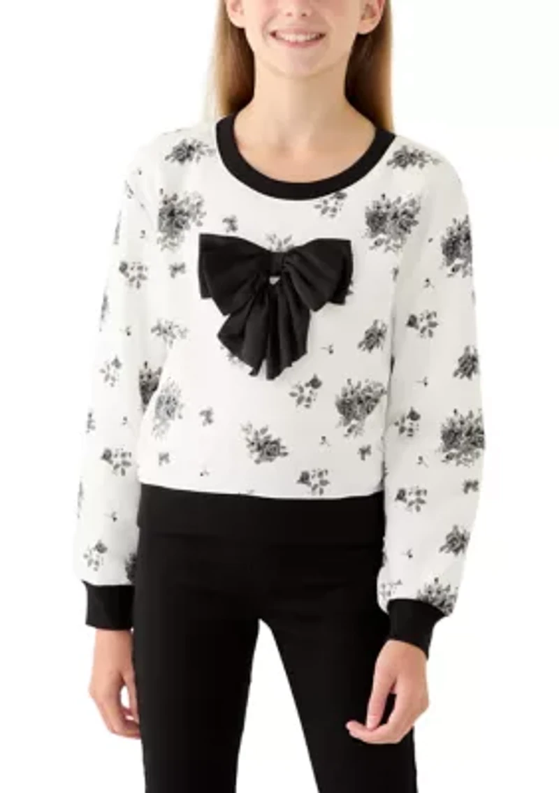 Girls 7-16 Printed Rose Satin Bow Crew Neck Sweater