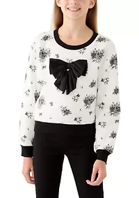 Girls 7-16 Printed Rose Satin Bow Crew Neck Sweater