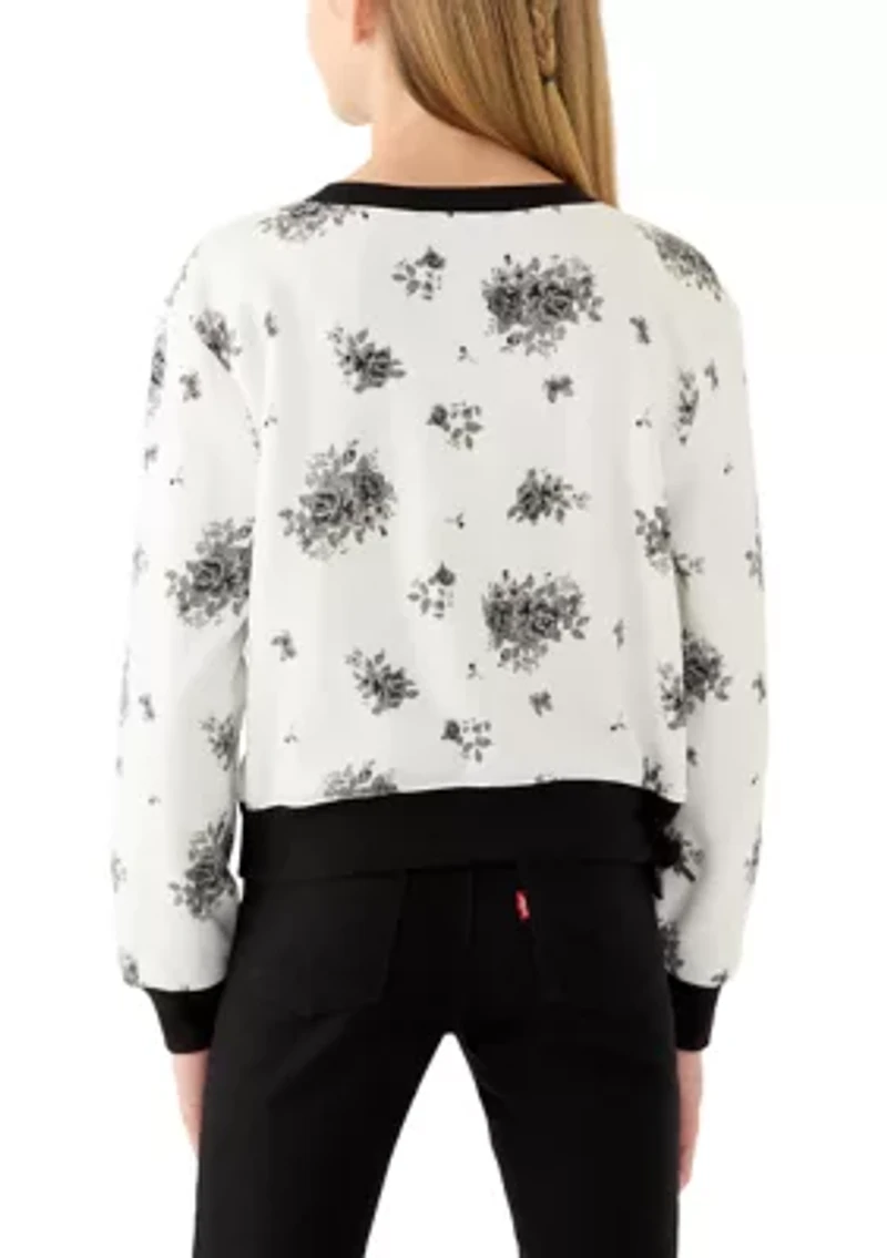 Girls 7-16 Printed Rose Satin Bow Crew Neck Sweater