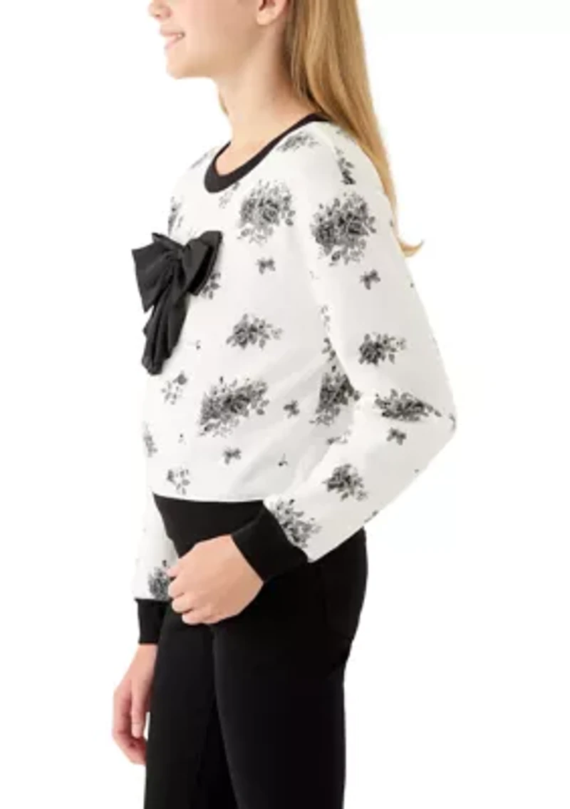 Girls 7-16 Printed Rose Satin Bow Crew Neck Sweater