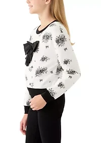 Girls 7-16 Printed Rose Satin Bow Crew Neck Sweater