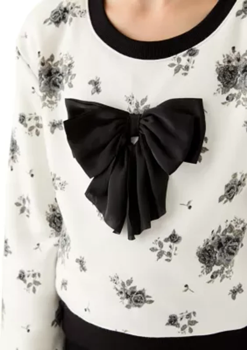 Girls 7-16 Printed Rose Satin Bow Crew Neck Sweater
