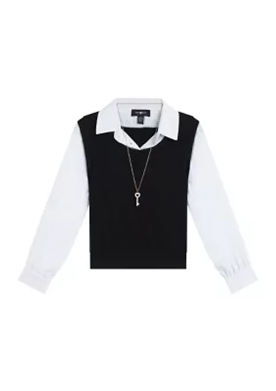 Girls 7-16 2Fer Vest Blouse