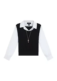 Girls 7-16 2Fer Vest Blouse
