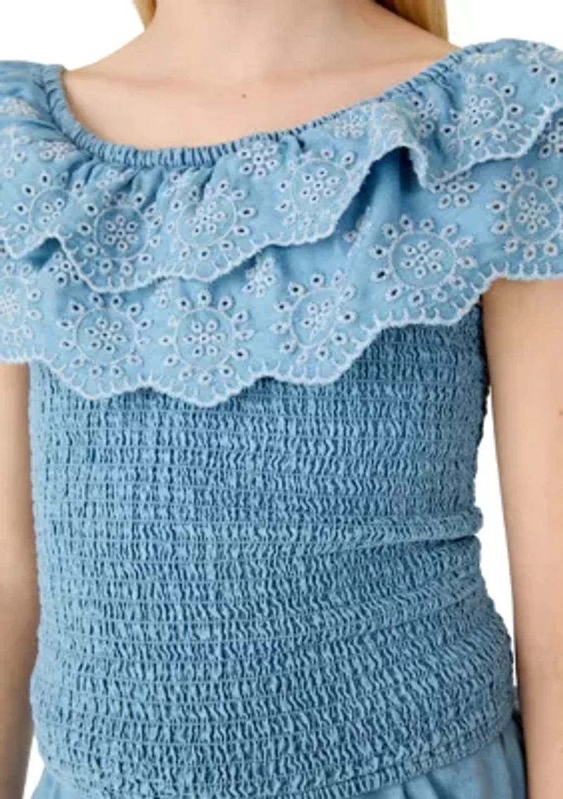 Girls 7-16 Chambray Eyelet Shorts Set