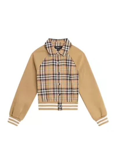 Girls 7-16 Plaid Printed Solid Sleeve Bomber Jacket