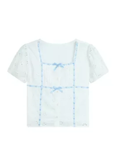 Girls 7-16 Puff Sleeve Eyelet Top