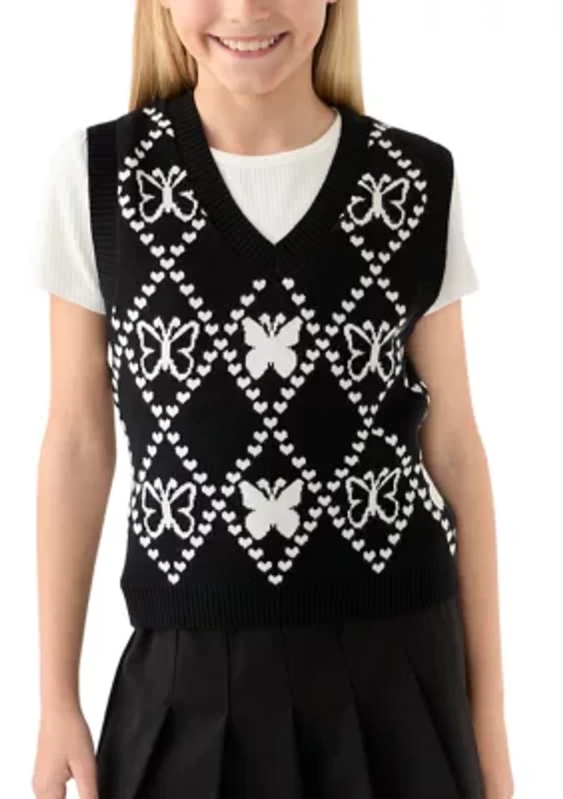 Girls 7-16 Short Sleeve Top and Printed Vest Set