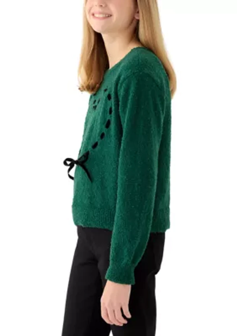 Girls 7-16 Emerald Stitched Heart Sweater