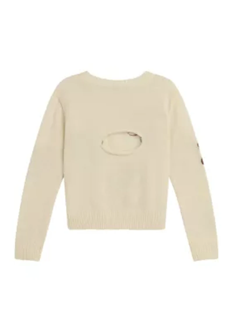 Girls 7-16 Pullover Floral Embroidered Sweater