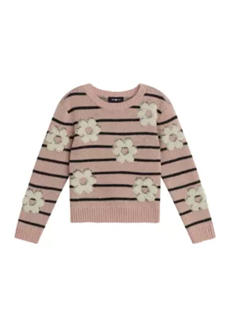 Girls 7-16 Long Sleeve Striped Sweater with Flower Accents