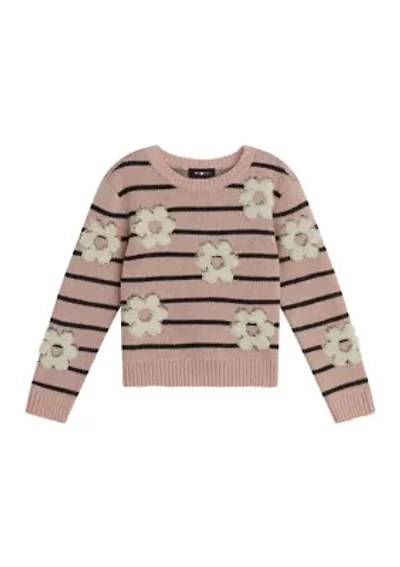 Girls 7-16 Long Sleeve Striped Sweater with Flower Accents