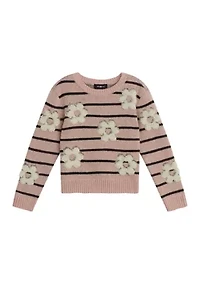 Girls 7-16 Long Sleeve Striped Sweater with Flower Accents