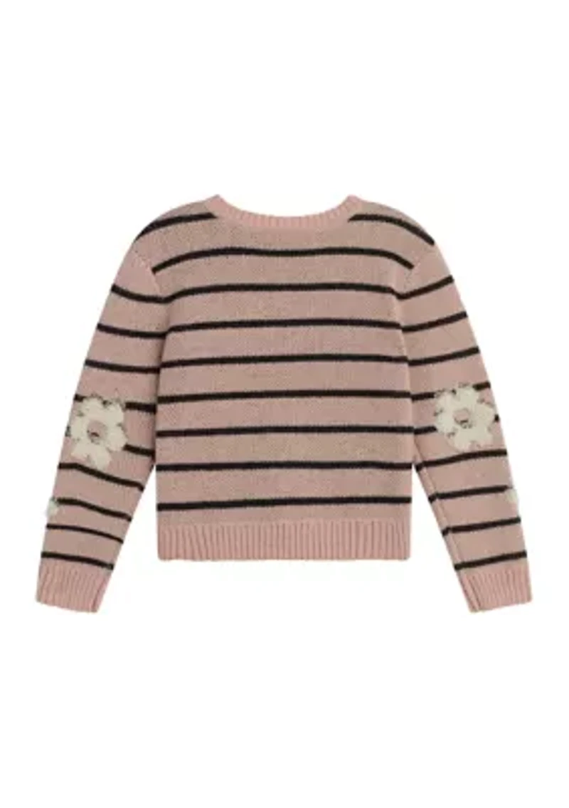 Girls 7-16 Long Sleeve Striped Sweater with Flower Accents