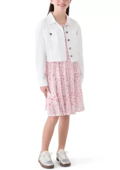 Girls 7-16 12 Denim Jacket Tiered Dress Set