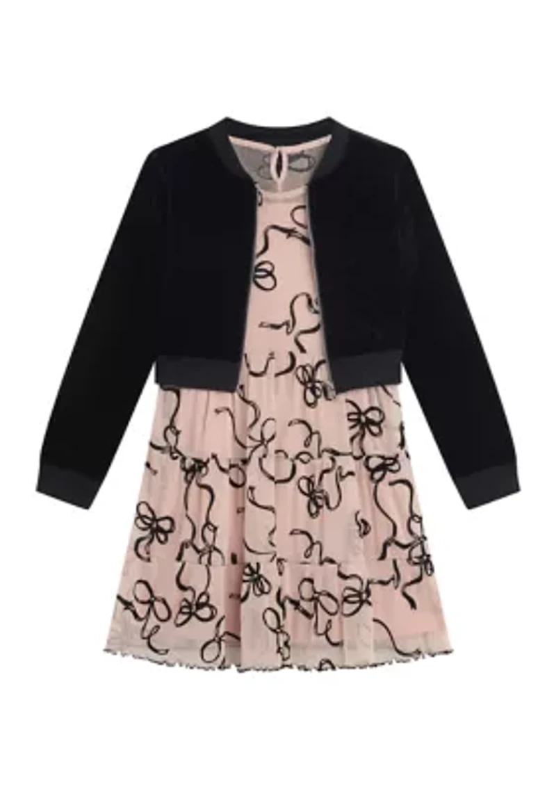 Girls 7-16 Tiered Printed Mesh Dress with Velvet Cardigan