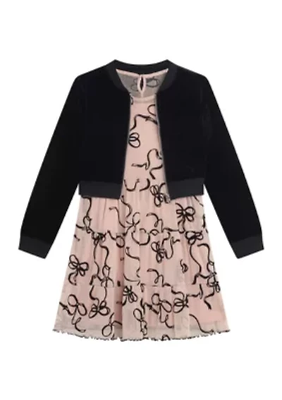 Girls 7-16 Tiered Printed Mesh Dress with Velvet Cardigan