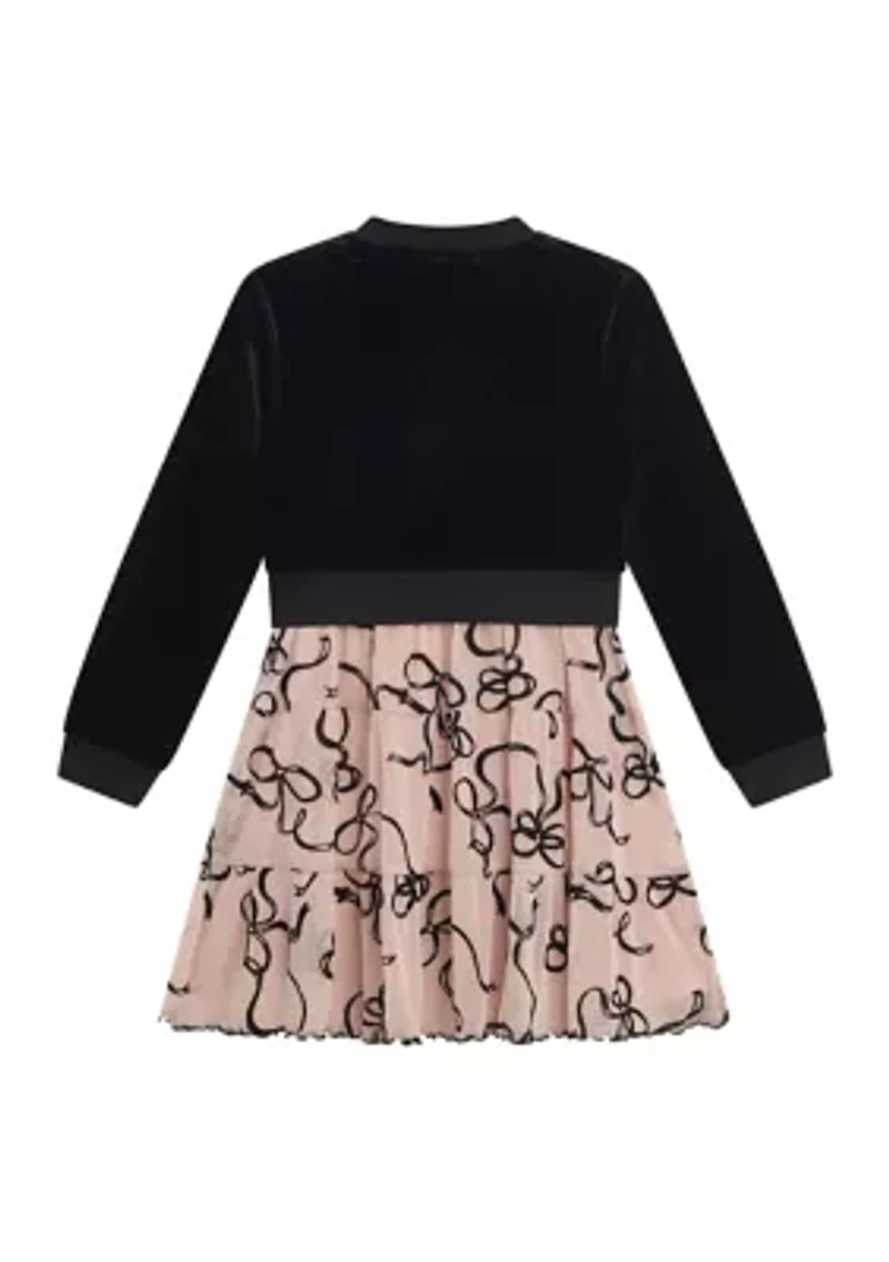 Girls 7-16 Tiered Printed Mesh Dress with Velvet Cardigan