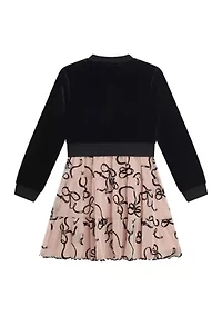Girls 7-16 Tiered Printed Mesh Dress with Velvet Cardigan