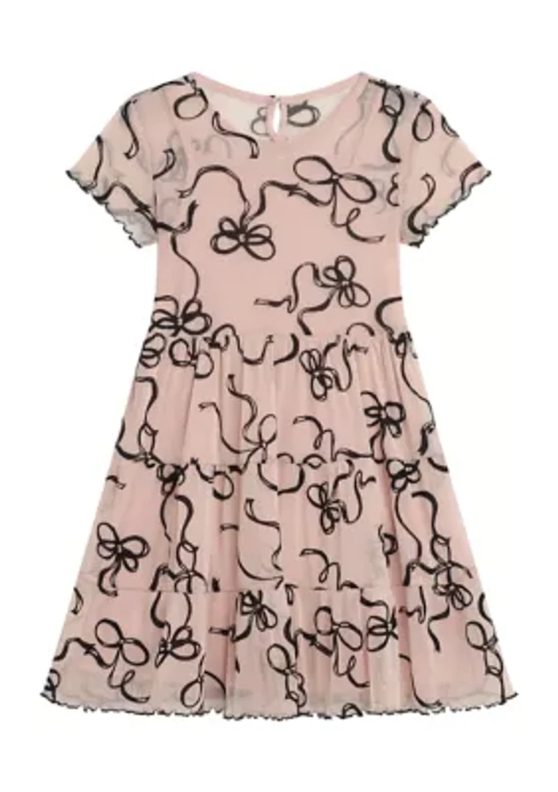 Girls 7-16 Tiered Printed Mesh Dress with Velvet Cardigan