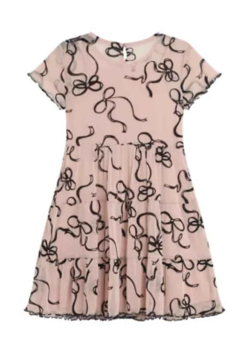 Girls 7-16 Tiered Printed Mesh Dress with Velvet Cardigan