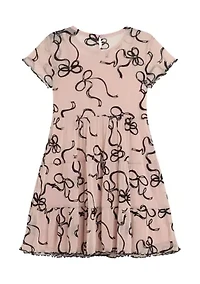 Girls 7-16 Tiered Printed Mesh Dress with Velvet Cardigan