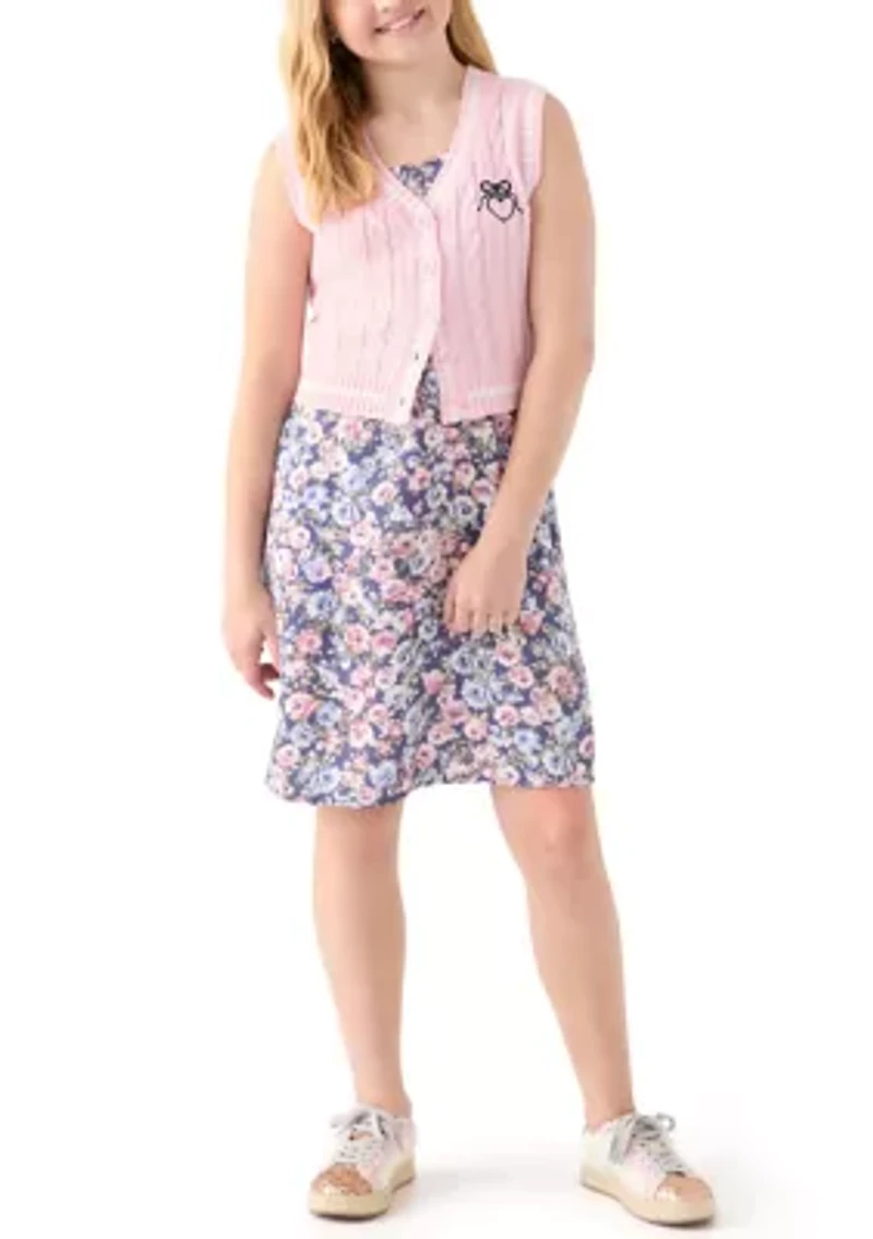 Girls 7-16 Sweater Vest Printed Dress Set