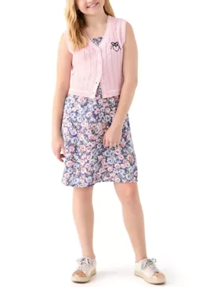 Girls 7-16 Sweater Vest Printed Dress Set