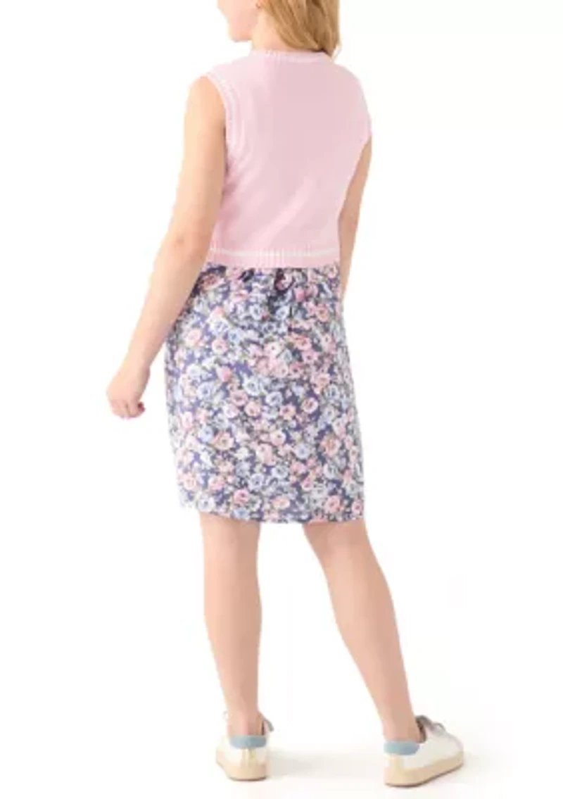 Girls 7-16 Sweater Vest Printed Dress Set