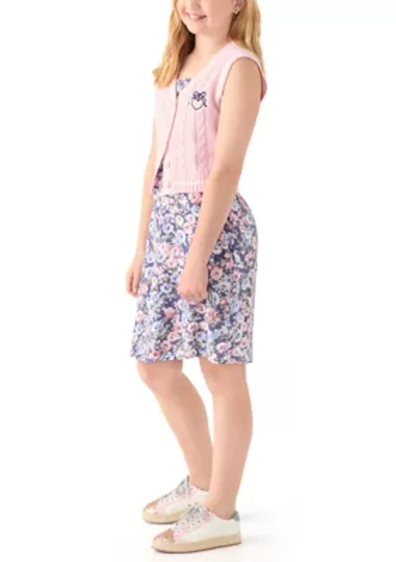 Girls 7-16 Sweater Vest Printed Dress Set