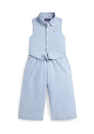 Girls 2-6x Indigo Chambray Tie Front Top & Pants Set