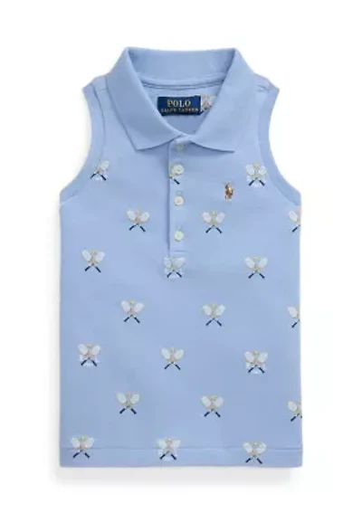 Tennis-Print Mesh Sleeveless Polo Shirt