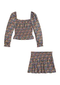 Girls 2-6x Floral Smocked Cotton Jersey Top & Skirt